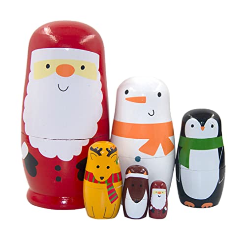 NASSMOSSE Hölzerne russische nistpuppen Santa Claus Penguin elk schneahne stapeln Set Set Witch Toys Weihnachtsdekoration 6pcs von NASSMOSSE