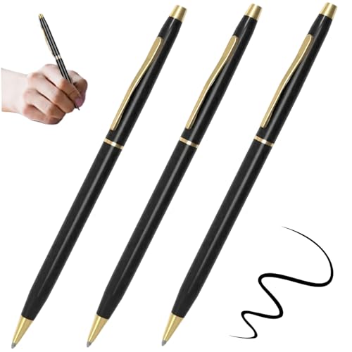 NASSMOSSE Kugelschreiber schwarze Tinte 3pcs 1mm Tipp aus Edelstahl Kugelschreiber mit Clip Exquisite Black & Gold 5 Länge Slim Pens Kugelschaltpunkt für Schule, Büro, Geschäft von NASSMOSSE