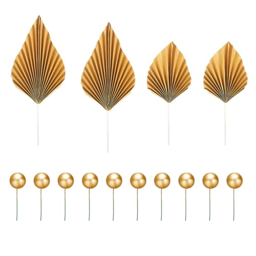 NASSMOSSE Papierpalmenkuchen Dekorationen 4 Blatttopper DIY Cupcake Toppers 10 runde Ball Sert Dekoration Geburtstag Ornament für die Dekoration von Handwerksfeier Hochzeit (Gold) Gold Gold Gold von NASSMOSSE