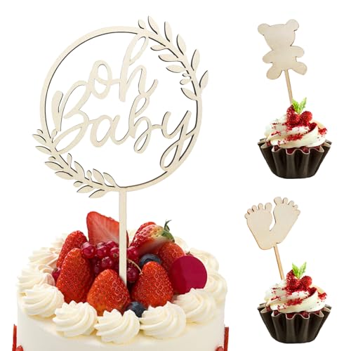 NATOSU Oh Baby Cake Topper Holz, Oh Baby Kuchen Topper für Babyparty Baby Shower Gender Reveal Partydeko, Kuchenstecker Kuchendeko Tortendeko von NATOSU