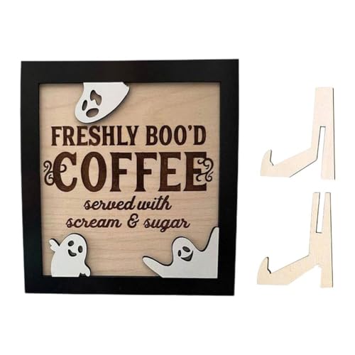 NAUXIU Freshly Boo D Coffee Schilder, Halloween-Holzschilder, Kaffee-Tablett-Dekorationen, Halloween-Dekoration, lustiges Tablett von NAUXIU