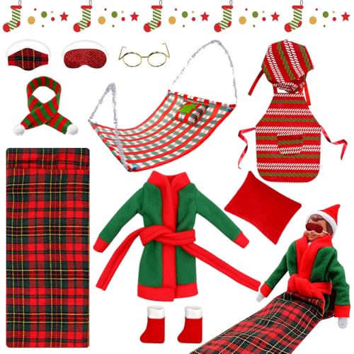 NAVESO 10 Stück Weihnachtself Puppe Zubehör, Weihnachten Elf Puppe Kostüm, Elf on The Shelf Zubehör, Elf Hängematte, Schlafsack, Schürze, Schal, Brille, Augenmaske, Kopfkissen, Schuhe, Bademantel von NAVESO