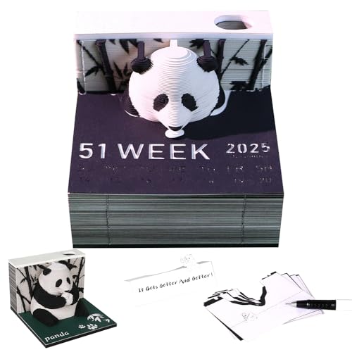 NAVESO 3D Kalender 2025, Tischkalender 2025, 3D Notizblock, 3D Abreißkalender 2025, Schreibtischkalender, 3D Panda Wochenkalender, Schreibtisch Kalender, Kreatives Papier Schnitzen Bastel Geschenk von NAVESO