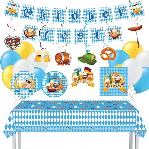 NAVESO 76 Stück Oktoberfest Deko Set, Oktoberfest Tischdeko, Servietten, Tischdecke, Luftballons, Banner, Spiraldeko, Pappteller, Bayrische Deko für Oktoberfest Thema Party Accessoires von NAVESO