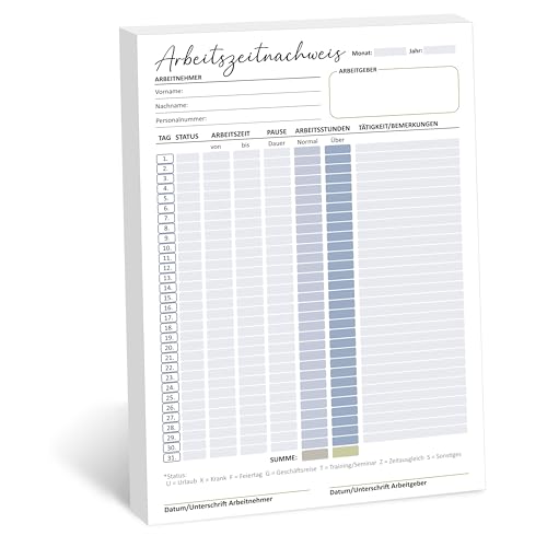 NAVIFUL Zeiterfassung, Arbeitszeitnachweis Block A4, monatliche Stundenzettel für 31 Tage pro Blatt, Stundenbuch für Arbeit, vorgedruckte Arbeitszeiterfassung für Kleinbetriebe, Stundennachweis,blau von NAVIFUL