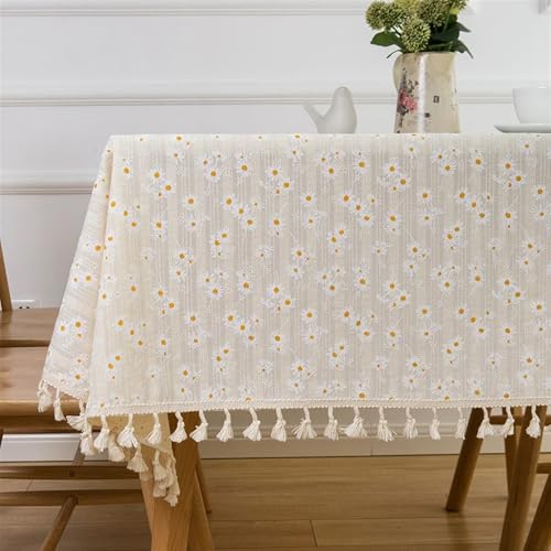 NAZARR Tischdecken Küche Haushalt Baumwoll-Blumentischdecke, Teetischdekoration, rechteckige Tischdecke for, Hochzeit, Esszimmer(Daisy Tassels,140X180cm) von NAZARR