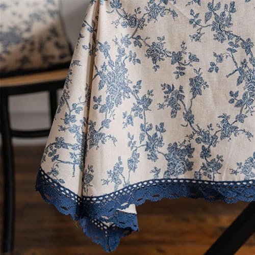 NAZARR Tischdecken Küche Haushalt Vintage waschbare marineblaue Blumenmuster Makramee-Spitzen-Tischdecke for Abendessen, Picknick, Zuhause, dekorative Tischdecke(140x250cm) von NAZARR