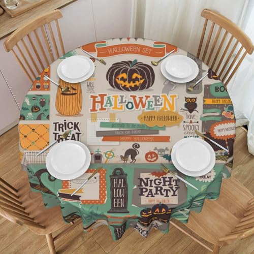 NBHDZENGW Runde Tischdecke, Motiv: Halloween-Scrapbook, bedruckt, waschbar, Polyester, Antifouling, öldicht, abwischbar, Durchmesser 152 cm von NBHDZENGW