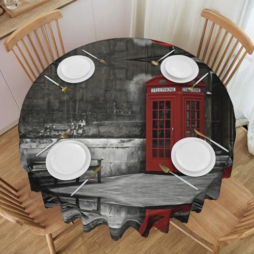 NBHDZENGW Runde Tischdecke mit Aufdruck "Phone Booth In London Streets", waschbar, Polyester, schmutzabweisend, ölabweisend, abwischbar, Durchmesser 152 cm von NBHDZENGW