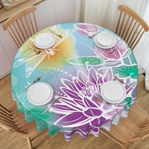 NBHDZENGW Runde Tischdecke mit Lotus- und Libellen-Druck, waschbar, Polyester, schmutzabweisend, ölabweisend, abwischbar, Durchmesser 152 cm von NBHDZENGW