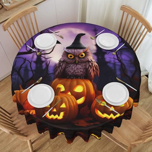 NBHDZENGW Tischdecke, Motiv: Halloween-Eule, Geist, Kürbis, rund, waschbar, Polyester, Antifouling, ölbeständig, abwischbar, Durchmesser 152 cm von NBHDZENGW