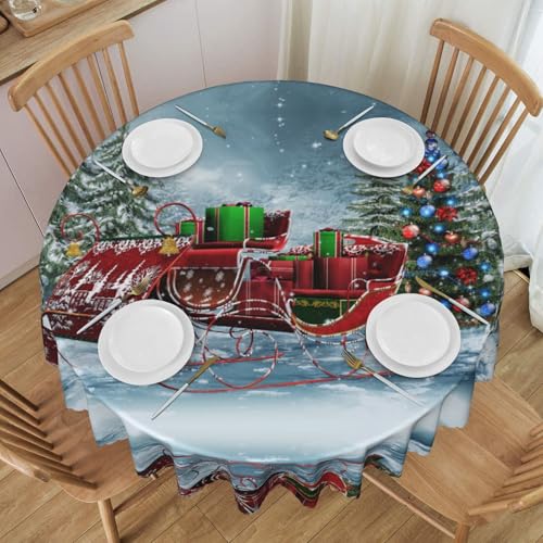 NBHDZENGW Tischdecke, Motiv: Schneeschlitten, Weihnachtsbaum, rund, waschbar, Polyester, schmutzabweisend, ölabweisend, abwischbar, Durchmesser 152 cm von NBHDZENGW