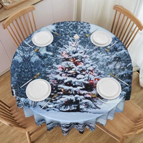 NBHDZENGW Tischdecke, Motiv: Weihnachtsbaum, Schnee, rund, waschbar, Polyester, Antifouling, ölabweisend, abwischbar, Durchmesser 152 cm von NBHDZENGW