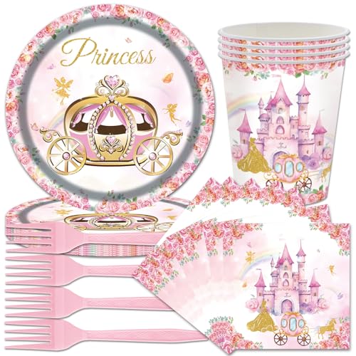 80 Stück Princess Party Besteck Partyzubehör Set Kinder Geburtstags Supplies Teller Becher Servietten Rosa Partygeschirr für Kinder Mädchen-Geburtstagsparty-Dekoration von NCBAKMV