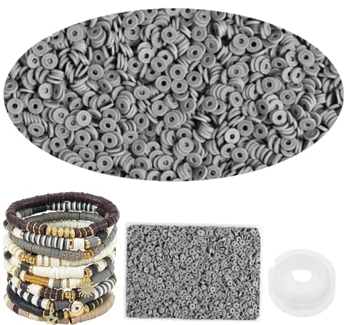 Graue Tonperlen für Armbandherstellung, 6 mm flache, runde Polymerperlen, Abstandshalter, Heishi-Perlen für selbstgemachten Schmuck, Ohrringe, Basteln, Grau, 4000 Stück von NCCWAN