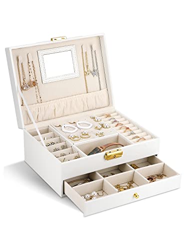 NCKIHRKK Schmuckaufbewahrung Damen Mädchen, 2 Ebenen Schmuckkästchen groß mit Schubladen, Schmuckkiste PU Leder, Jewelry Schmuck Organizer Schmuckschatulle für Ringe, Halsketten, Uhren, Ohrring, Weiß von NCKIHRKK