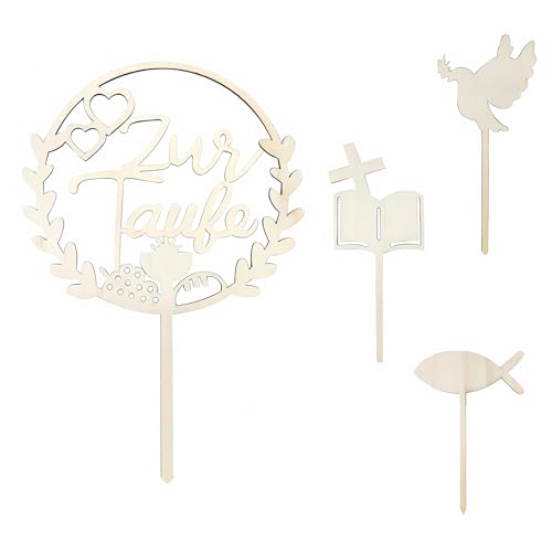 Cake Topper Taufe, Holz Tortendeko Taufe Set Tortenaufleger Taufe Deko Taufe Mädchen Junge, 4 Stück Cake Topper Personalisiert für Geburtstage Taufen Duschen von NCOALE