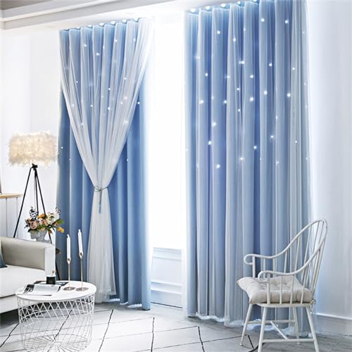 NCWANG Gardinen Schlaufenschal Voile Gardinen Ösenvorhang 2er Set - Blaue Doppelschicht-Garnschattierung 2 Tabletten -140 cm Breite x 175 cm hoch Wohnzimmer Schlafzimmer Fenster Vorhänge Kinderzimmer von NCWANG