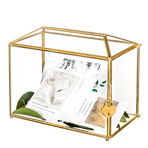 NCYP 26cm Large Geometric Glass Card Box Terrarium mit Schlitz und Herzschloss, Fuß, Gold, handgefertigt, Messing, für Hochzeitsempfang, Wishwell, Andenken-Herzstück, Glasbox und nur Schloss von NCYP