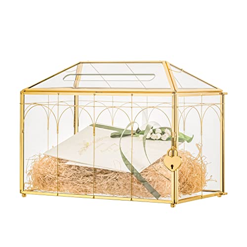 NCYP 32x15x23 cm Goldene Glaskartenbox mit Schlitz und Schloss für Hochzeitsempfang Vintage-geometrisches Terrarium, handgefertigter Kartenhalter für Hochzeitsfeier-Dekor (Nur Glasbox und Schloss) von NCYP