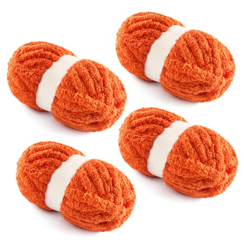 Grobes Garn zum Handstricken, grobes Chenille-Deckengarn zum Häkeln, Jumbo-Flauschgarn zum Häkeln, super sperriges Garn, 28 m, 218 g pro Knäuel, Orange Rot, 4 Stück von NDICANG