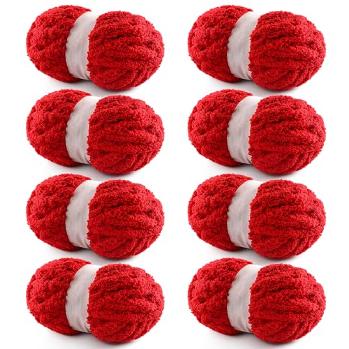 Grobes Garn zum Handstricken, grobes Chenille-Deckengarn zum Häkeln, Jumbo-Flauschgarn zum Häkeln, super sperriges Garn, 28 m, 218 g pro Knäuel, Rot, 8 Stück von NDICANG