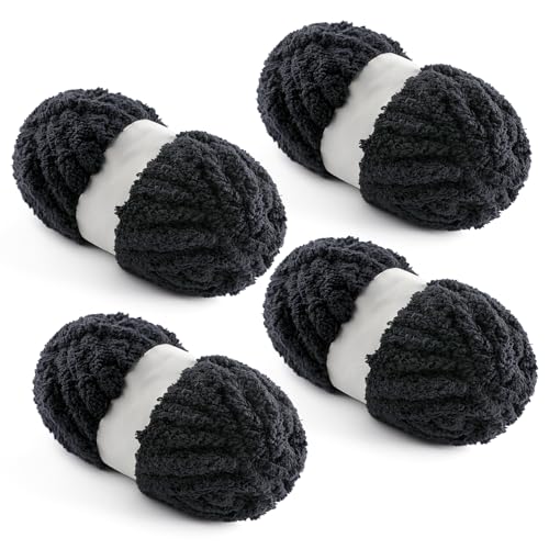 Grobes Garn zum Handstricken, grobes Chenille-Deckengarn zum Häkeln, Jumbo-Flauschgarn zum Häkeln, super sperriges Garn, 28 m, 218 g pro Knäuel, Schwarz, 4 Stück von NDICANG