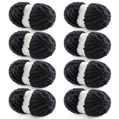 Grobes Garn zum Handstricken, grobes Chenille-Deckengarn zum Häkeln, Jumbo-Flauschgarn zum Häkeln, super sperriges Garn, 28 m, 218 g pro Knäuel, Schwarz, 8 Stück von NDICANG