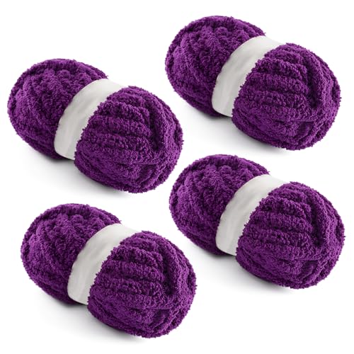 Grobes Garn zum Handstricken, grobes Chenille-Deckengarn zum Häkeln, Jumbo-Flauschgarn zum Häkeln, super sperriges Garn, 28 m, 218 g pro Knäuel, Violett, 4 Stück von NDICANG