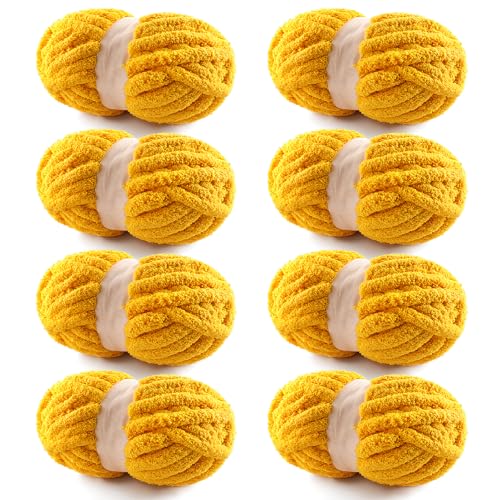 Grobes Garn zum Handstricken, grobes Chenille-Deckengarn zum Häkeln, Jumbo-Flauschgarn zum Häkeln, super sperriges Garn, 28 m, 218 g pro Knäuel, goldfarben, 8 Stück von NDICANG