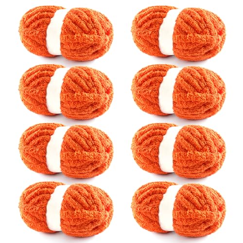 Grobes Garn zum Handstricken, grobes Chenille-Deckengarn zum Häkeln, Jumbo-Flauschgarn zum Häkeln, super sperriges Garn, 28 m, 218 g pro Knäuel (Orangerot), 8 Stück von NDICANG