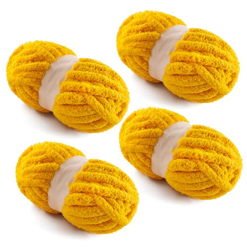 Grobes Garn zum Handstricken, grobes Chenille-Deckengarn zum Häkeln, Jumbo-Flauschgarn zum Häkeln, super sperriges Garn, 28 m, 218 g pro Strang, goldfarben, 4 Stück von NDICANG