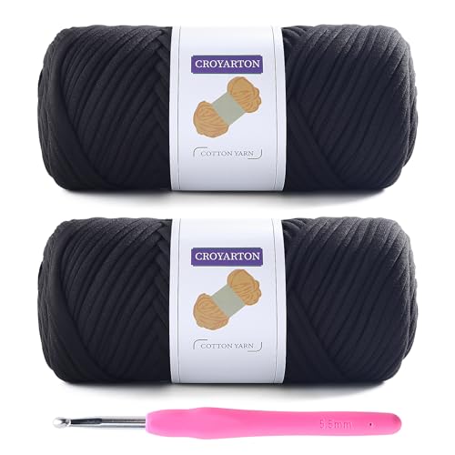 T-Shirt-Garn zum Häkeln mit 1 Häkelnadel, elastisches T-Shirt-Garn für Häkeltaschen/Körbe/Heimdekoration, Spaghetti-Garn, dickes Strickgarn, Gesamtlänge 130 m, Gewicht 400 g, Schwarz, 2 Stück von NDICANG