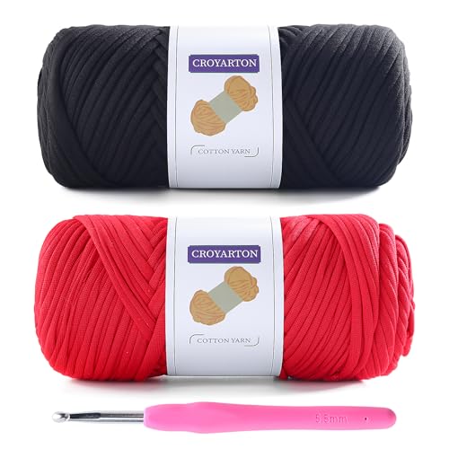 T-Shirt-Garn zum Häkeln mit 1 Häkelnadel, elastisches T-Shirt-Garn für Häkeltaschen/Körbe/Heimdekoration, Spaghetti-Garn, dickes Strickgarn, Gesamtlänge 130 m, Gewicht 400 g (schwarz + rot) von NDICANG