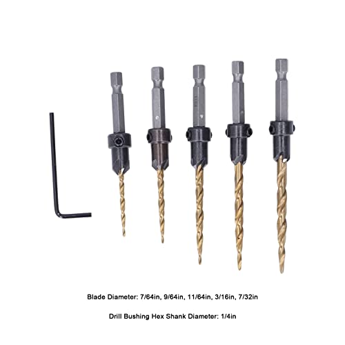 Ndnczdhc 5pcs Countersink Bohrbit Set, 1/4in -Hex -Schaft -Hochgeschwindigkeits -Stahl -sich verjüngter Bohrer mit Bohrbuchse L -Schraubenschlüssel von NDNCZDHC