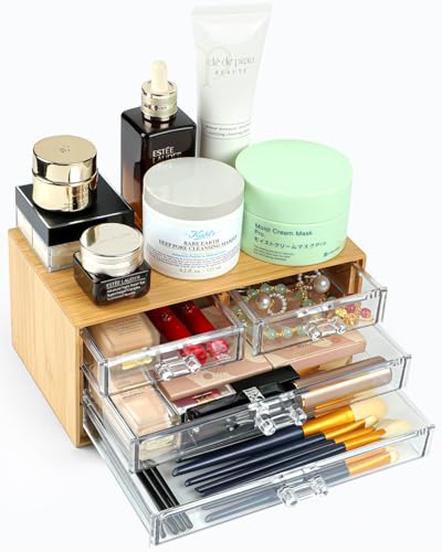 NEATJELAI Bambus-Schmuck-Organizer, 3-lagige Schmuckschatulle, 4 Schubladen, für Sonnenbrillen, Ohrringe, Ringe, Halsketten, Armbänder, Kosmetik, 23 x 13 x 10 cm, transparent von NEATJELAI