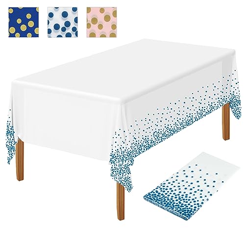 NEBURORA 1 Packung weiße und Blaue Party Tischdecke Kunststoff Tischdecke 137 x 274 cm goldene Punkte Konfetti Einweg Tischdecke rechteckige Party Tischdecke für Picknick Babyparty Geburtstag von NEBURORA