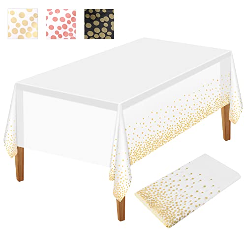 NEBURORA 1 Packung weiße und goldene Party Tischdecke Kunststoff Tischdecke 137 x 274 cm goldene Punkte Konfetti Einweg Tischdecke rechteckige Party Tischdecke für Picknick, Geburtstag von NEBURORA