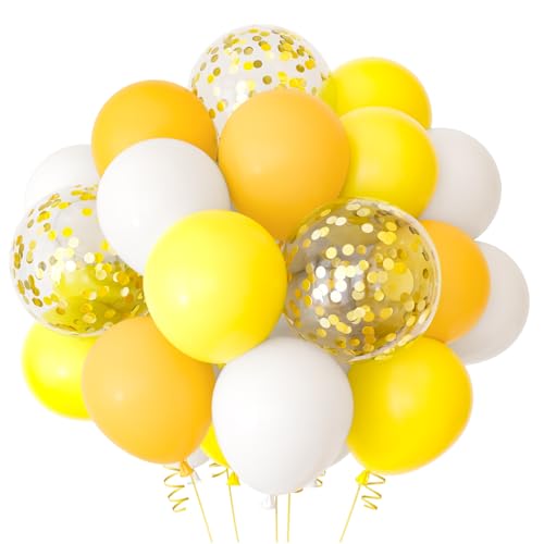 NEBURORA 60 Stück Gelbes Luftballon Set 12 Zoll Gelbe,Weiß und goldene Konfetti Luftballons mit Bändern für die Sonnenblumen Danksagung Honigbienen Mottoparty von NEBURORA