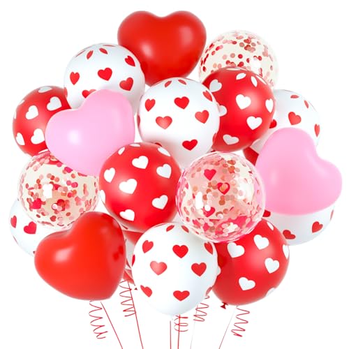 NEBURORA 60 Stück rosa und rote herzförmige Luftballons zum Valentinstag, Luftballons mit Herzaufdruck und Konfetti Luftballons-Set mit Band für Party-Dekorationen zum Valentinstag von NEBURORA