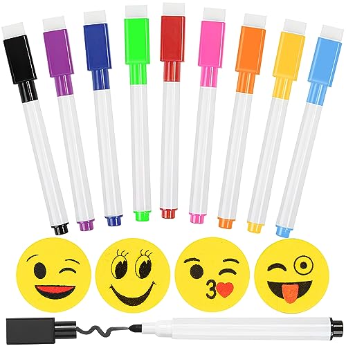 NECXON 9-teiliges Whiteboard-Marker-Set, Whiteboard-Stifte-Set mit 4 Cartoon-Radiergummis mit feiner Spitze, magnetisch, farbige Whiteboard-Stifte für Schulbürozwecke (9 Farben) von NECXON