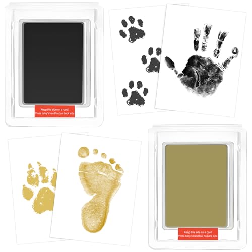 NECXON Hand- und Fußabdruckset für Babys, 2 große Stempelkissen ohne Tinte, Hundepfotenabdruckset, Geschenke für Neugeborene, Haustierpfotenabdruckset, Andenken (Schwarz + Gold) von NECXON