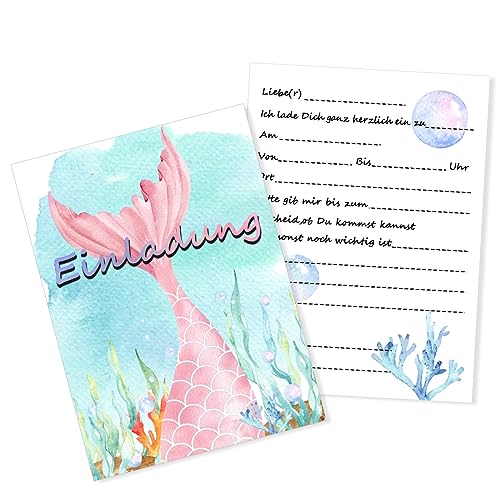 NEERIX 16pcs Einladungskarten,Einladungskarten Kindergeburtstag,Einladungskarten für KinderGeburtstag Einschulung,Aquarell Meerjungfrau Einladungskarten,passende Umschläge für Mädchen Kindergeburtstag von NEERIX