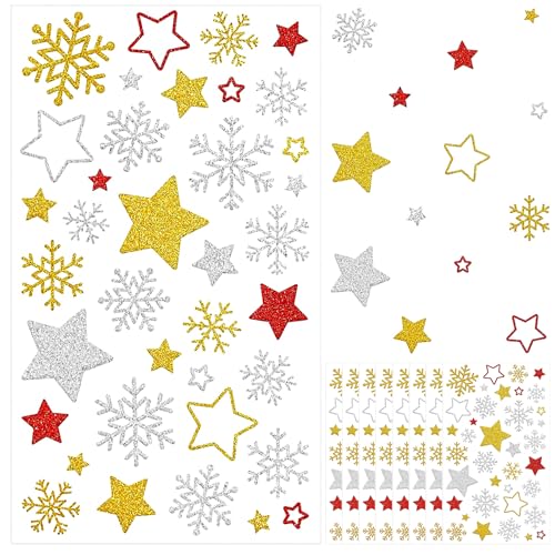 NEERIX 296x Sticker Stern Aufkleber Glitzer Schneeflocken Etiketten, Aufkleber Weihnachten, Weihnachtssticker, Sticker Sterne Glitzer, Gold Selbstklebend zum Basteln, für Weihnachtsdeko von NEERIX