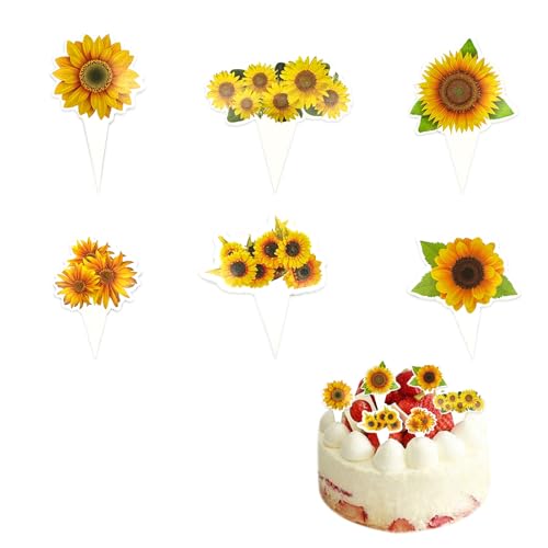 NEERIX 48 Stück Sonnenblumen Cupcake Toppers,Sonnenblumen Tortenaufleger Blumen Tortendekoration Picks Hochzeit Baby Dusche Party Hochzeit Jahrestag Geburtstag von NEERIX