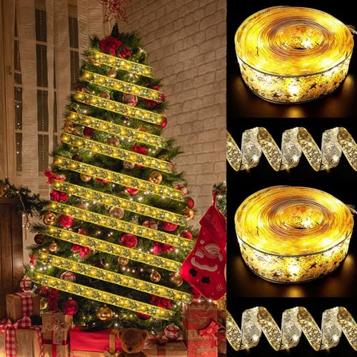 NEMMXUB Weihnachtsband Lichter LED Weihnachtsbaum Band Lichter 10m 100 LED Band Lichter Glänzende Band Lichterkette Weihnachtsband Deko für Silvester Party Hochzeiten Weihnachtsbaumschmuck von NEMMXUB