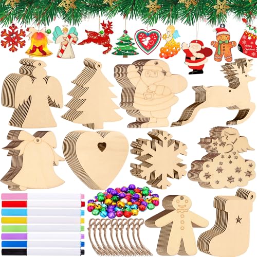 NEMMXUB Weihnachtsdeko Holz Weihnachten 248 Stücke Weihnachtsanhänger Tannenschmuck DIY Weihnachtsdekoration Holz Scrapbooking Holz Scheiben Weihnachtsbaum mit Glöckchen,Juteseil, zum selbst bemalen von NEMMXUB