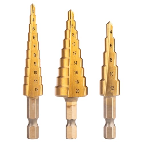 NEO TOOLS HSS Stufenbohrer, 3-tlg Stufenbohrer Set, Schälbohrer Satz, Exact Spiralnut Kegelbohrer, Profi Metallbohrer Bohrer Satz für Stahl und Aluminium, 3-12 mm, 4-12 mm, 4-20 mm von NEO TOOLS