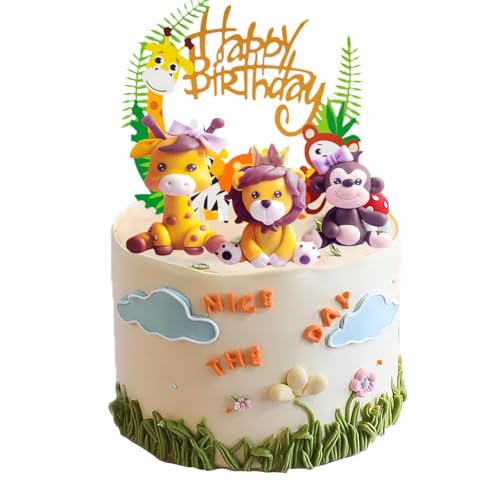 NEODTX Tortendeko 1. Geburtstag für Baby Kinder Mädchen,Cake Topper 1. Jahr Happy Birthday Kuchendeko Tiere,Giraffe Löwen AFFE Figuren Torten Deko Waldtiere Tortenfigur Handgefertigte Nicht essbar von NEODTX