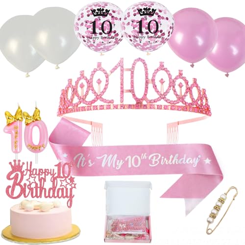 Neodtx 10. Geburtstag Mädchen 10 Jahre Rosa Geburtstagsdeko Schärpe Kinderkronen 11PCS Geschenk Set für 10 Geburtstagskrone Birthday Schärpe und Crown Tortendeko Luftballons Kerze 10th für Party Deko von NEODTX